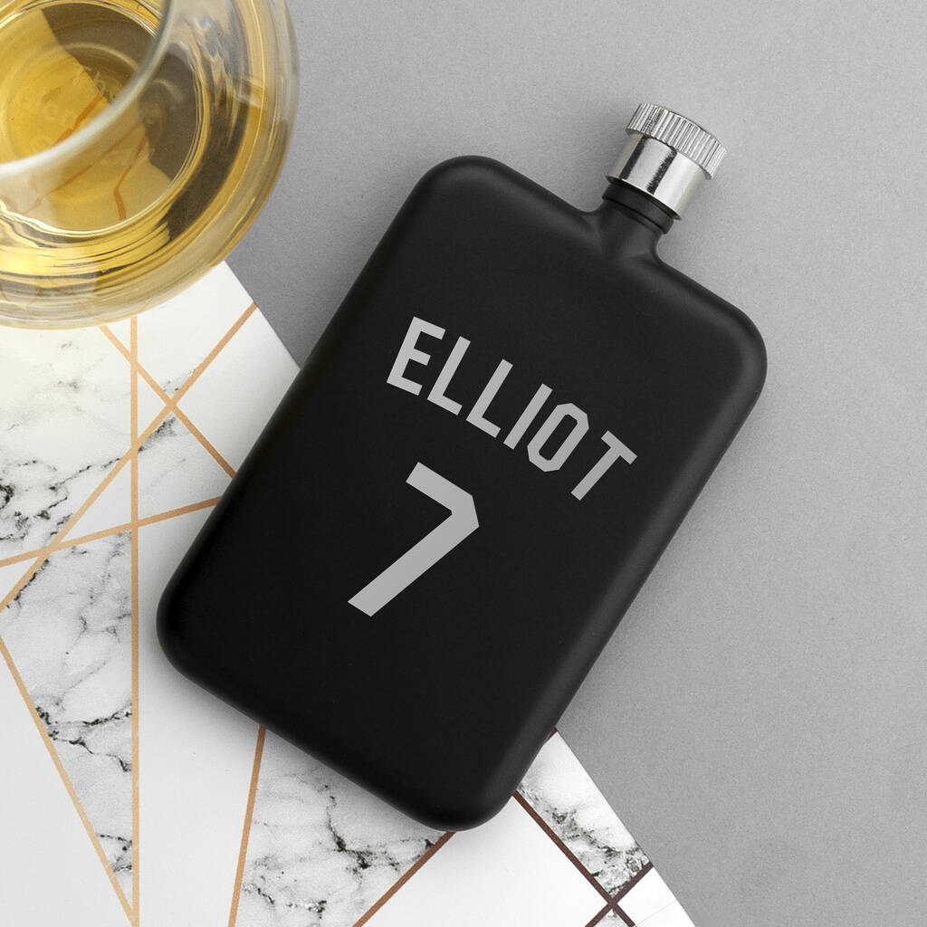 Personalised Black Slimline Football Shirt Hip Flask By JUNGLEY