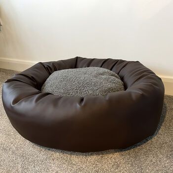 Vegan Leather Donut Dog Bed With Sherpa Fleece Cushion, 7 of 12