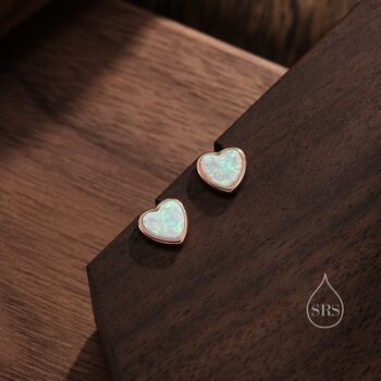 Sterling Silver Lab Opal Heart Stud Earrings, 5 of 12