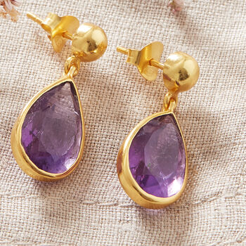 Teardrop Amethyst Drop Gold Plated Silver Stud Earring, 2 of 12