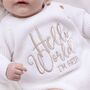 'Hello World I'm Name' Embroidered New Baby Long Sleeve Romper, thumbnail 2 of 12