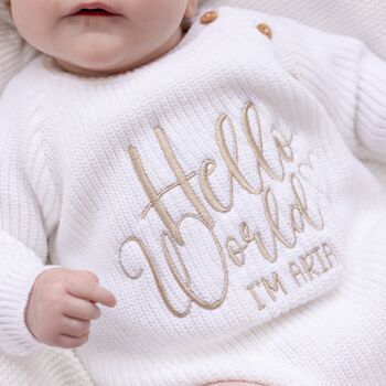 'Hello World I'm Name' Embroidered New Baby Long Sleeve Romper, 2 of 12