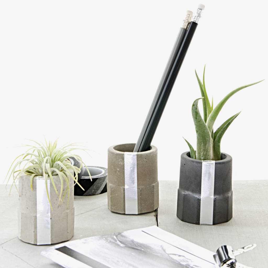 Three Concrete Silver Cylinder Air Plant Holder By Pa Si
