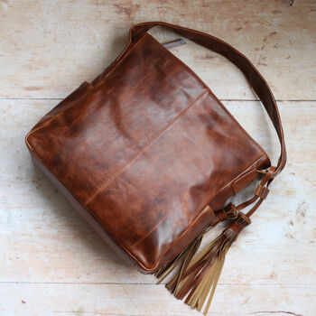 Leather Hobo Tote With Tassel, Tan, 3 of 6