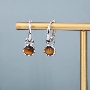 Sterling Silver Dangling Tiger's Eye Hoop Earrings, 2 of 12