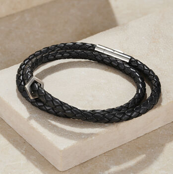 Men’s Silver And Leather Geometric Bracelet, 3 of 6