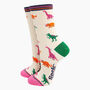 Women's Bamboo Socks Cream Multicoloured Dinosaurs, thumbnail 1 of 4