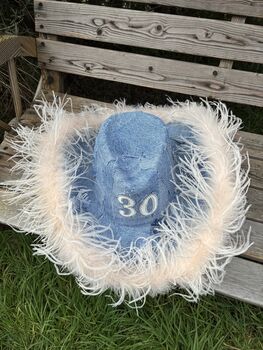 Personalised Denim Cowboy Hat With Ostrich Feather Trim, 3 of 3