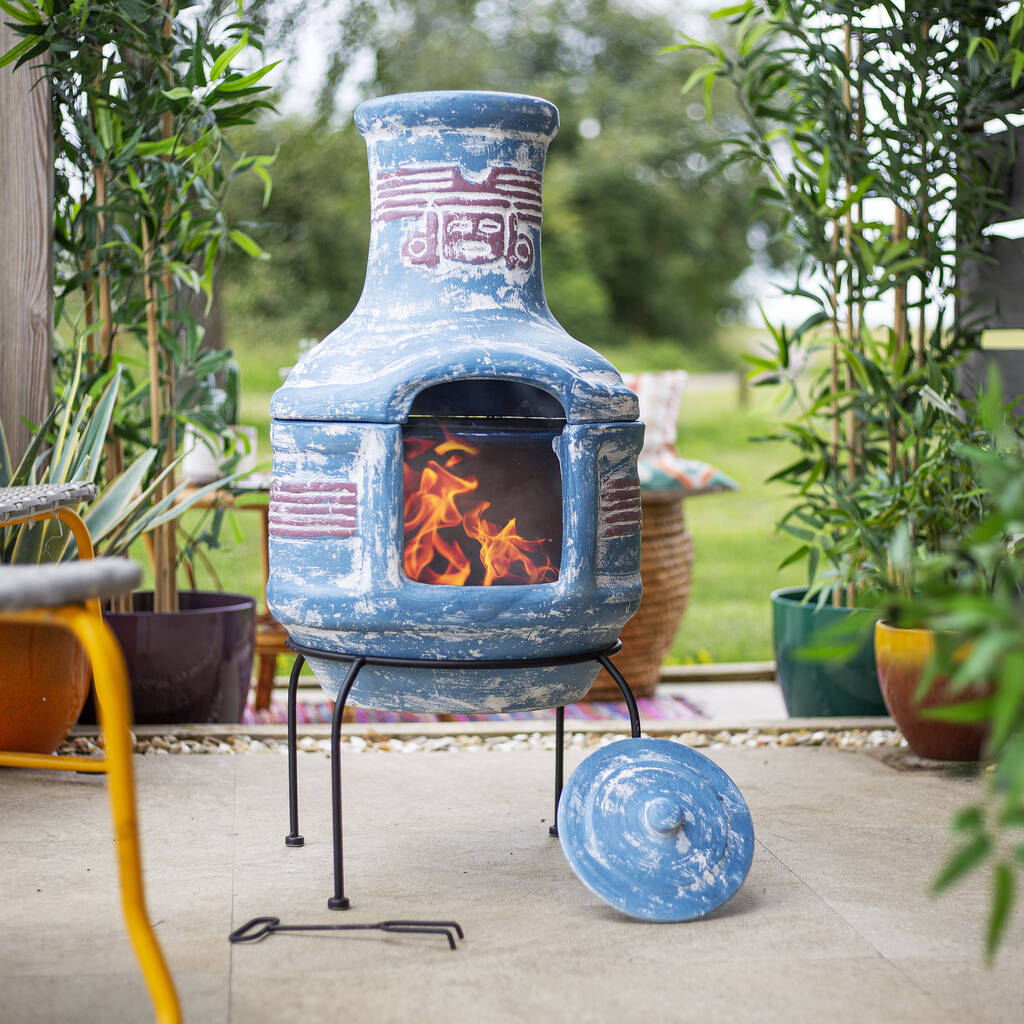 Yaku Two Piece Clay Chiminea And Grill, Clay Chiminea Fire Pit