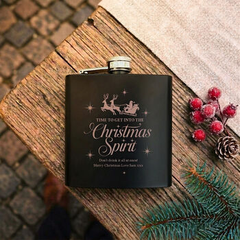 Personalised Christmas Spirit Engraved Black Metal Hip Flask 6oz, 5 of 5