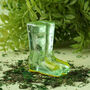Glass Standing Pair Of Green Wellington Rubber Boots, thumbnail 1 of 2