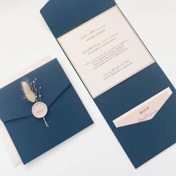 Navy And Blush Pink Bunny Tails Wedding Invitation, 2 of 7
