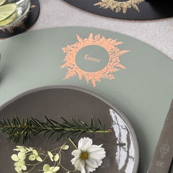 Two Personalised Leather Placemat With Antique Flower Fern Wreath Motif Option To Add More, 2 of 3