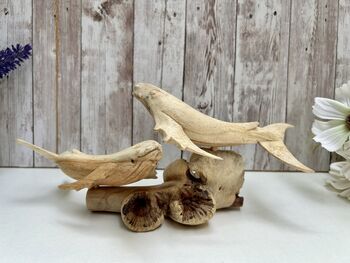 Hand Carved Wooden Whale Pair Sculpture Ornament, 2 of 12