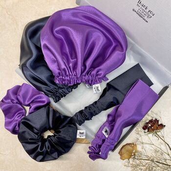 Set Of Two, Silk Scrunchie With Sleep Hair Cap, Purple, 8 of 9