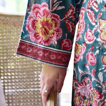 Block Printed Pine Green, Red And Mustard Floral Cotton Dressing Gown, 5 of 5
