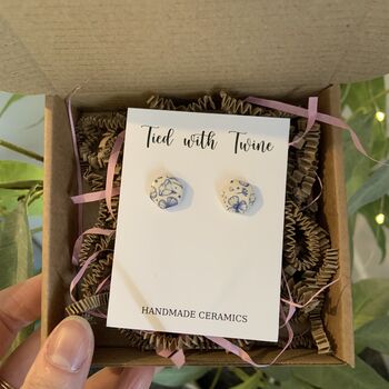 Blue Floral Ceramic Hexagon Earrings Vintage Blue, 9 of 11