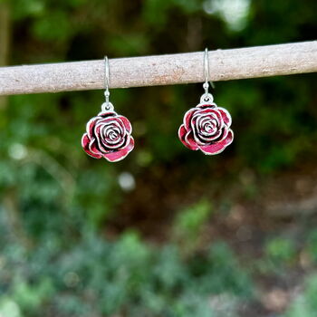 Red Rose Drop Earrings, Silver Plated, 4 of 6