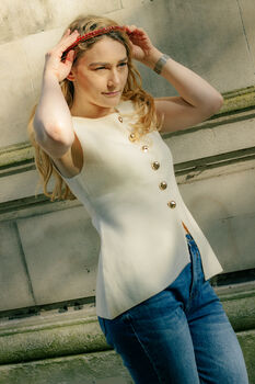 Cream Button Down Split Front Peplum Vest Top, 6 of 7