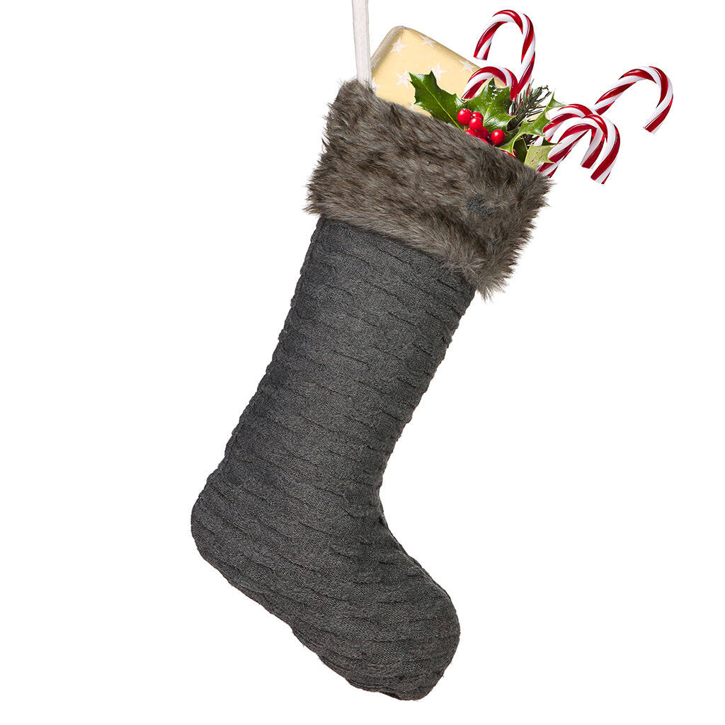 Personalised Grey Fur Knitted Christmas Stocking By Dibor