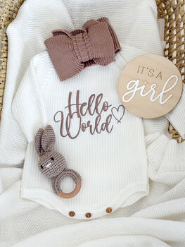 Hello World Embroidered New Baby Long Sleeve Knitted Romper, 5 of 12