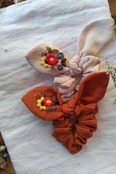 Bunny Bow Scrunchies With Embroidered Flower, 3 of 11