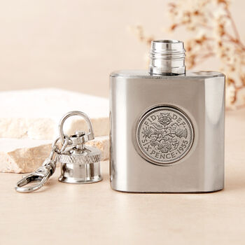 70th Birthday 1955 Sixpence Mini Hipflask Keyring, 2 of 6
