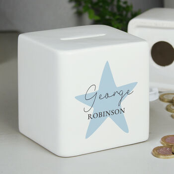 Personalised Blue Star Ceramic Square Money Box, 4 of 6