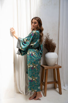 Satin Silky Turquoise Full Length Kimono Robe, 2 of 9