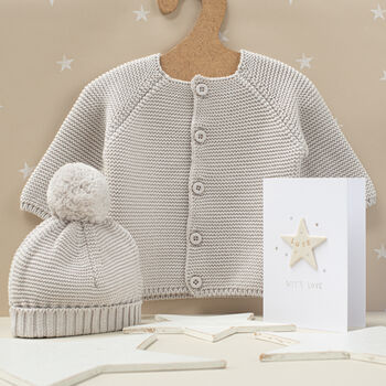 Luxury Cream Bobble Hat And Cardigan Baby Gift Set, 3 of 12