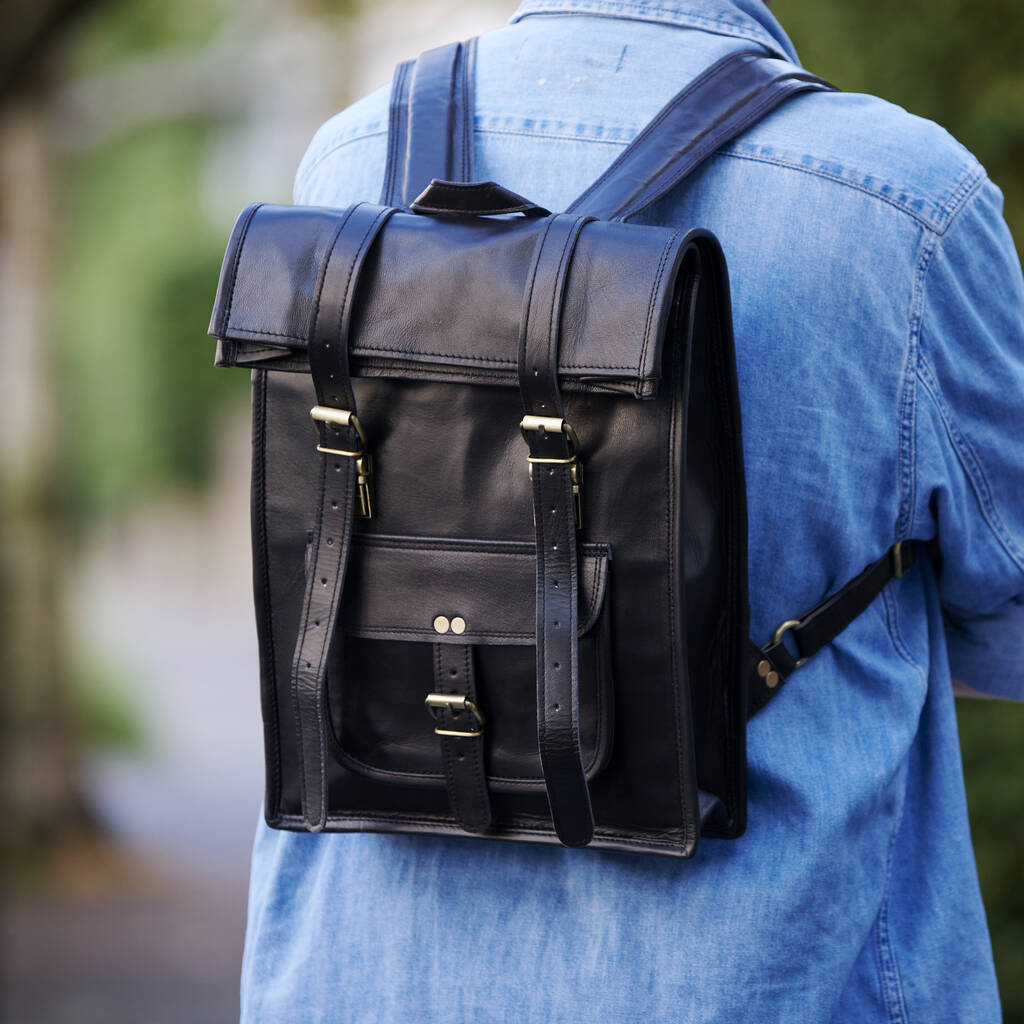 Black Leather Two Buckle Backpack With Personalisation By Vida Vida ...