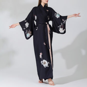 Silk Kimono Dressing Gown Royal Peacock | Black, 6 of 10