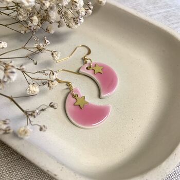 Pink Moon And Star Ceramic Earrings Gold Plated, 8 of 8