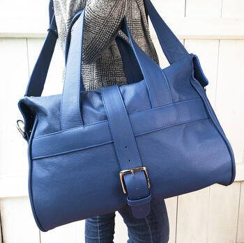 Handcrafted Marine Blue Leather Holdall, 2 of 8