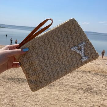 Personalised Straw Patch Pouch Wristlet Clutch Bag, 4 of 6