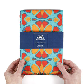Moroccan Flower Blue Orange Tea Towel, 9 of 11