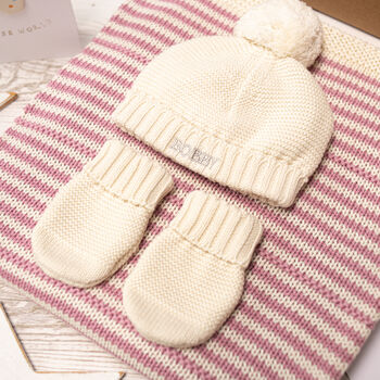 Baby Girl Personalised Bobble Hat And Mittens Gift Set, 2 of 12