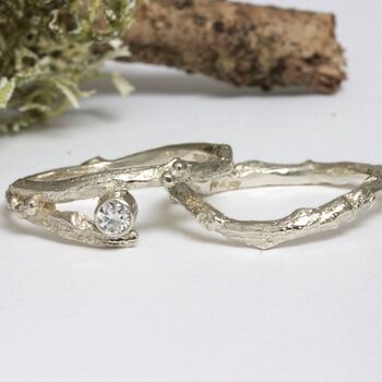 Diamond Organic Twig Solid Gold Engagement And Wedding Ring Set, 2 of 10