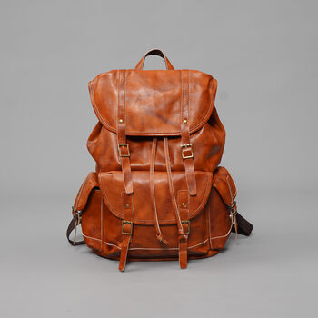 Military Style Genuine Leather Backpack In Tan, 4 of 12