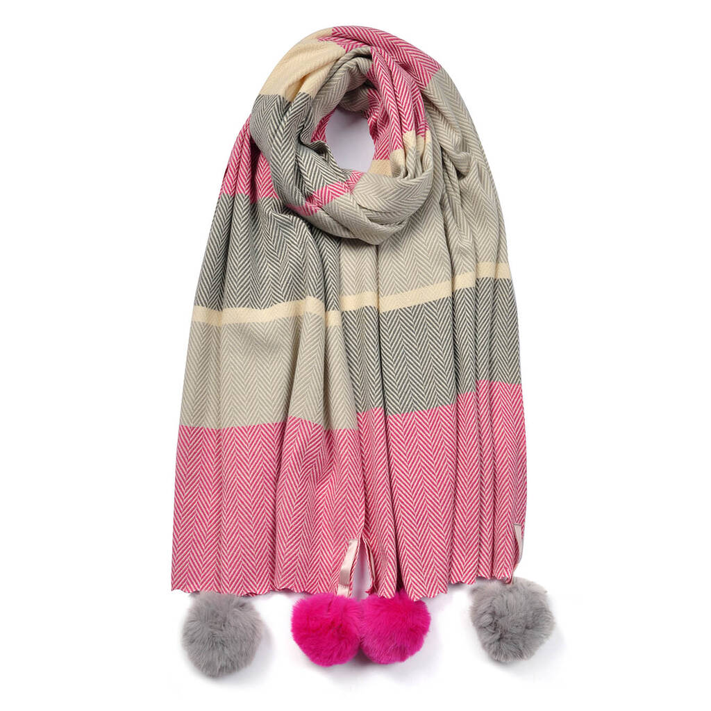 Cashmere Herringbone Pink Pom Pom Scarf, 1 of 2