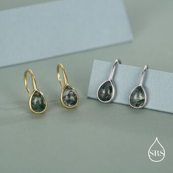 Sterling Silver Moss Agate Pear Drop Earrings, 5 of 12
