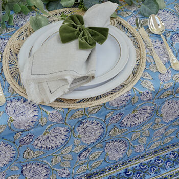 Willowwood Mist Floral Block Printed Tablecloth, 4 of 9
