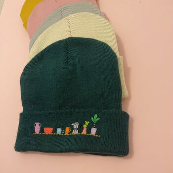 Unisex Hand Embroidered Beanie Hat Green, 4 of 6
