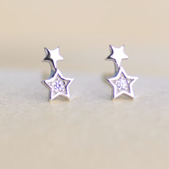 Sterling Silver And Cz Mini Double Star Stud Earrings, 3 of 6