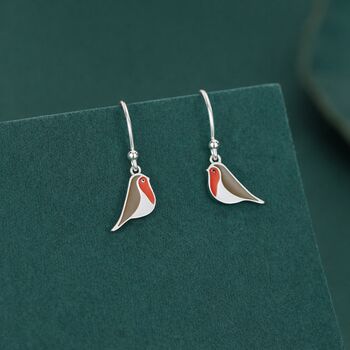 Enamel Robin Bird Drop Hook Earrings In Sterling Silver, 4 of 12