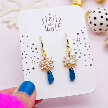 Sparkly Gold Glitter Star And Teal Drop Party Earrings, 2 of 5