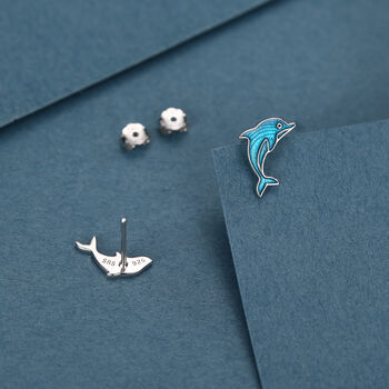 Sterling Silver Dolphin And Whale Mismatched Stud Earrings, 3 of 12