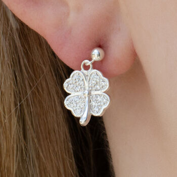 Sterling Silver Crystal Four Leaf Clover Earrings, 2 of 5