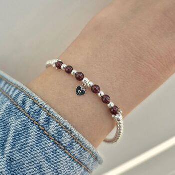 Sterling Silver January Garnet Beaded Bracelet: January Birthstone, Personalised Heart Charm, 4 of 8