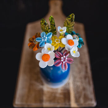 Bright Glass Flower Bouquet And Blue Ceramic Vase, 6 of 9
